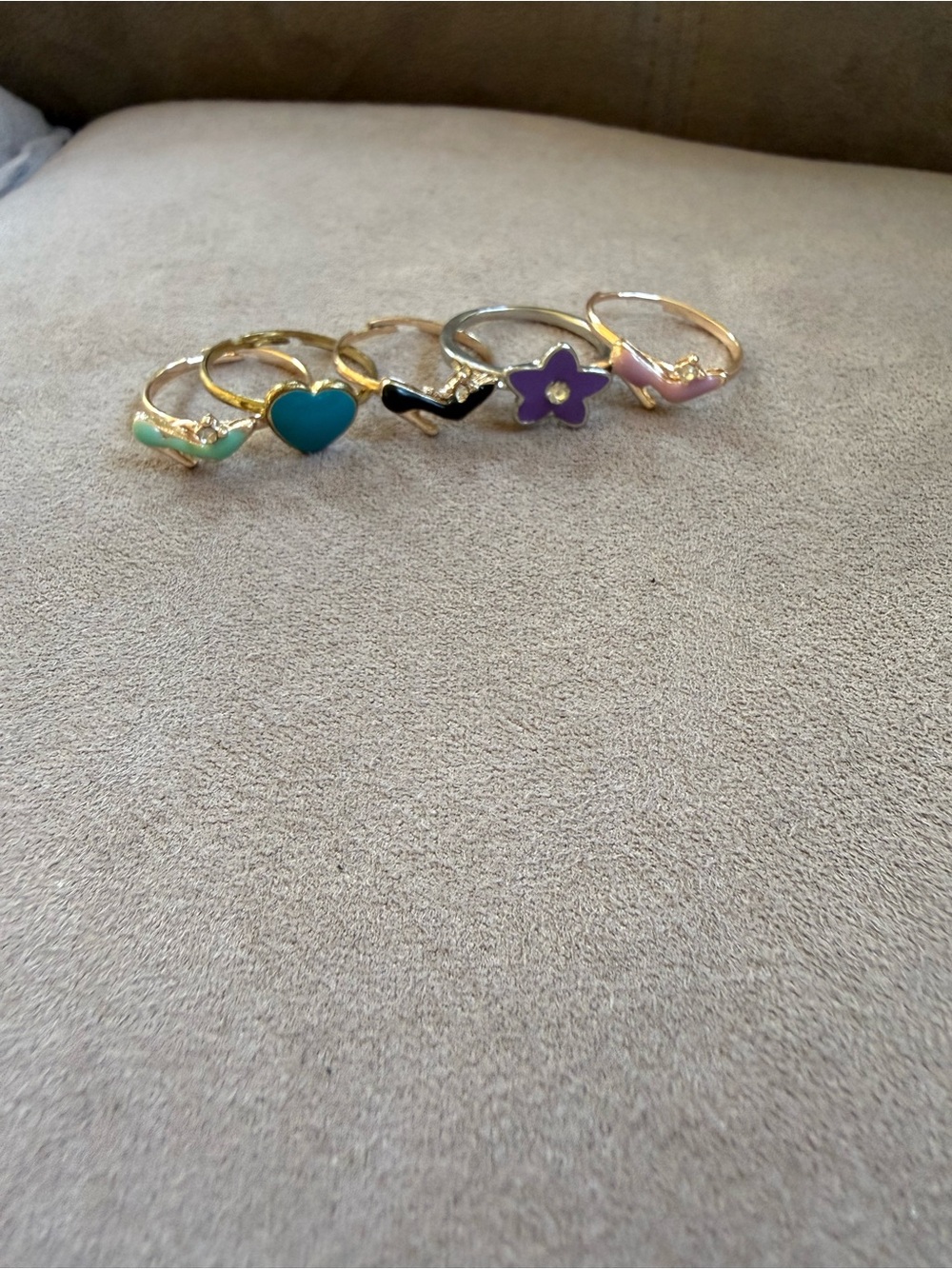 Gold Tone Enamel Heart , Flower , Shoe Stackable Rings - Multicolor
